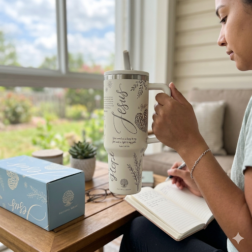 A woman sitting on a porch, writing in a journal while holding a cream-colored tumbler featuring faith-based designs, with a matching branded box on the table.