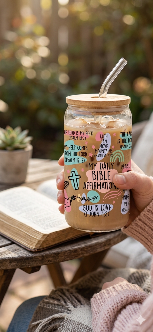 A hand holding a clear glass can-style cup filled with iced coffee, featuring colorful "My Daily Bible Affirmations" graphic designs, resting on a wooden table next to an open book and a small succulent