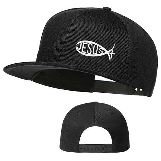 Black flat-brim snapback hat featuring a white Ichthys Jesus fish logo, shown from the front and back views. High-quality Christian streetwear and faith-based apparel for men