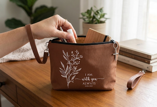 A rich brown canvas faith-based travel pouch featuring white floral illustrations and the comforting scripture quote "I am with you always Matthew 28:20" with a matching brown strap.