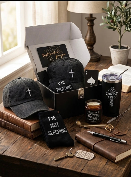 Faith-based gift basket ensemble including an insulated Christian travel mug, black cross hat, Bible verse keychain, and premium stationery on a wooden desk next to an open Bible.