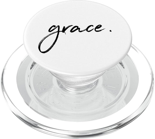 Christian "Grace" phone grip featuring elegant black cursive script on a clean white circular top with a collapsible transparent clear plastic base, designed as an inspiring faith-based tech accessory and religious gift.