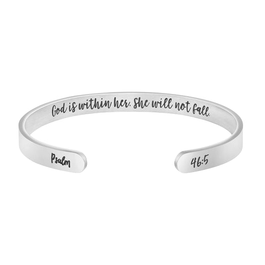 Angelic silver cuff bracelet engraved with the scripture Psalm 46:5: God is within her, she will not fall