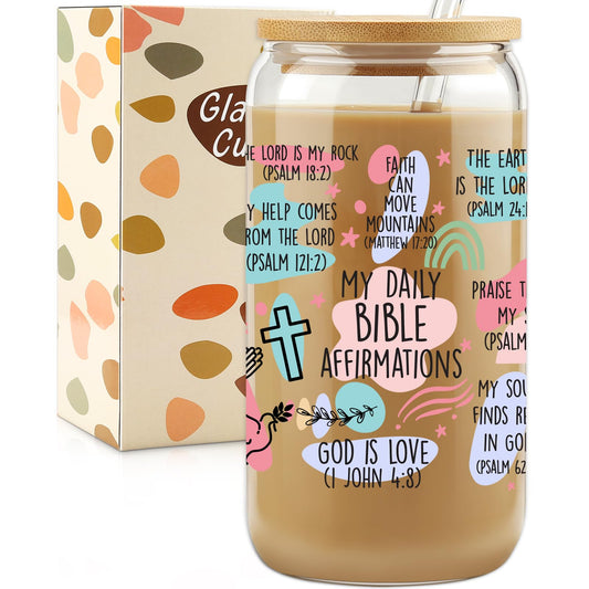 glass can-style drinking cup with a bamboo lid and glass straw, featuring inspirational Christian Bible verse designs in pastel colors, displayed in front of its matching patterned gift b