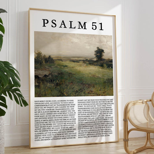 Framed Psalm 51 Bible verse wall art featuring a serene landscape painting in a modern, minimalist style