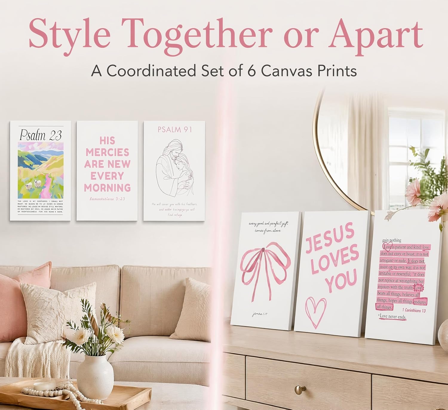 Pink Christian Wall Art Preppy Bible Verses Painting Pictures Psalms Scripture Wall Decor Trendy Bow Christ Jesue Poster Print Artwork for Living Room Bedroom Girls Room Prayer Room Home Decoration