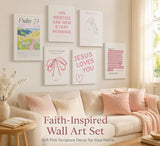 Pink Christian Wall Art Preppy Bible Verses Painting Pictures Psalms Scripture Wall Decor Trendy Bow Christ Jesue Poster Print Artwork for Living Room Bedroom Girls Room Prayer Room Home Decoration