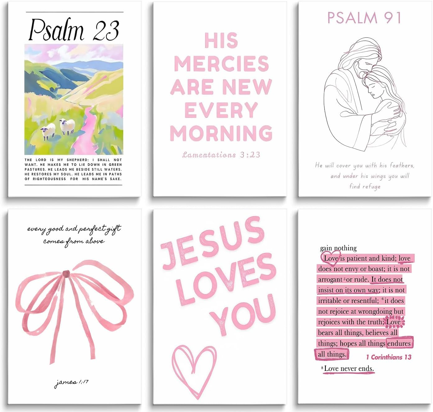 Pink Christian Wall Art Preppy Bible Verses Painting Pictures Psalms Scripture Wall Decor Trendy Bow Christ Jesue Poster Print Artwork for Living Room Bedroom Girls Room Prayer Room Home Decoration
