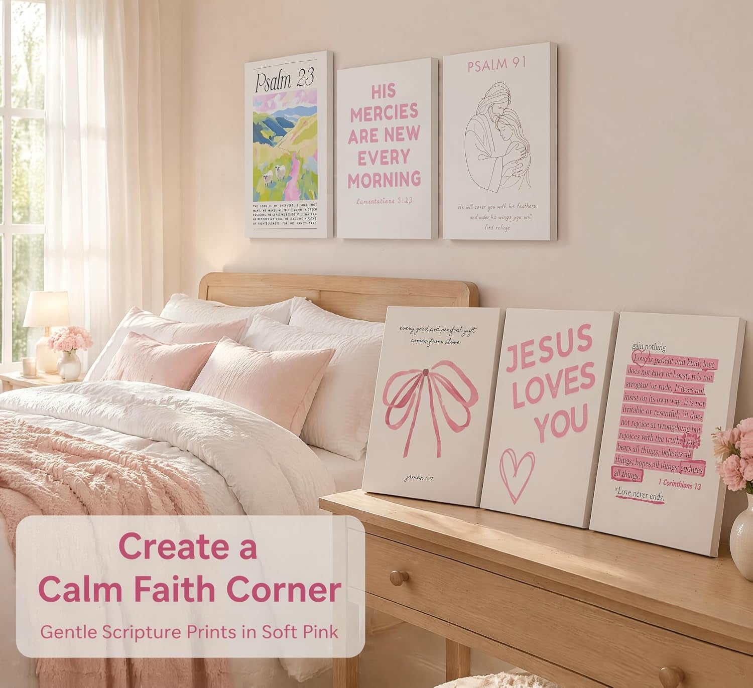 Pink Christian Wall Art Preppy Bible Verses Painting Pictures Psalms Scripture Wall Decor Trendy Bow Christ Jesue Poster Print Artwork for Living Room Bedroom Girls Room Prayer Room Home Decoration
