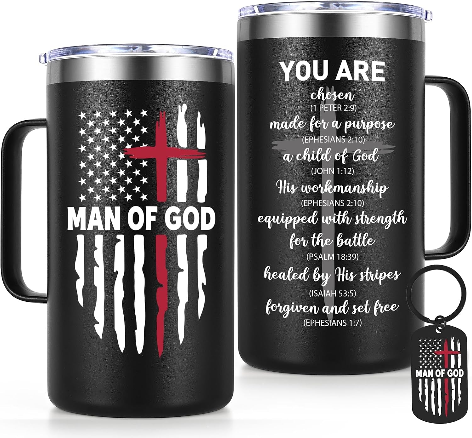 Religious Christian Father Day Gifts, Man of God 20Oz Insulated Coffee Mug with Key Chain, Man of God Religious Christian Gifts for Men, Black