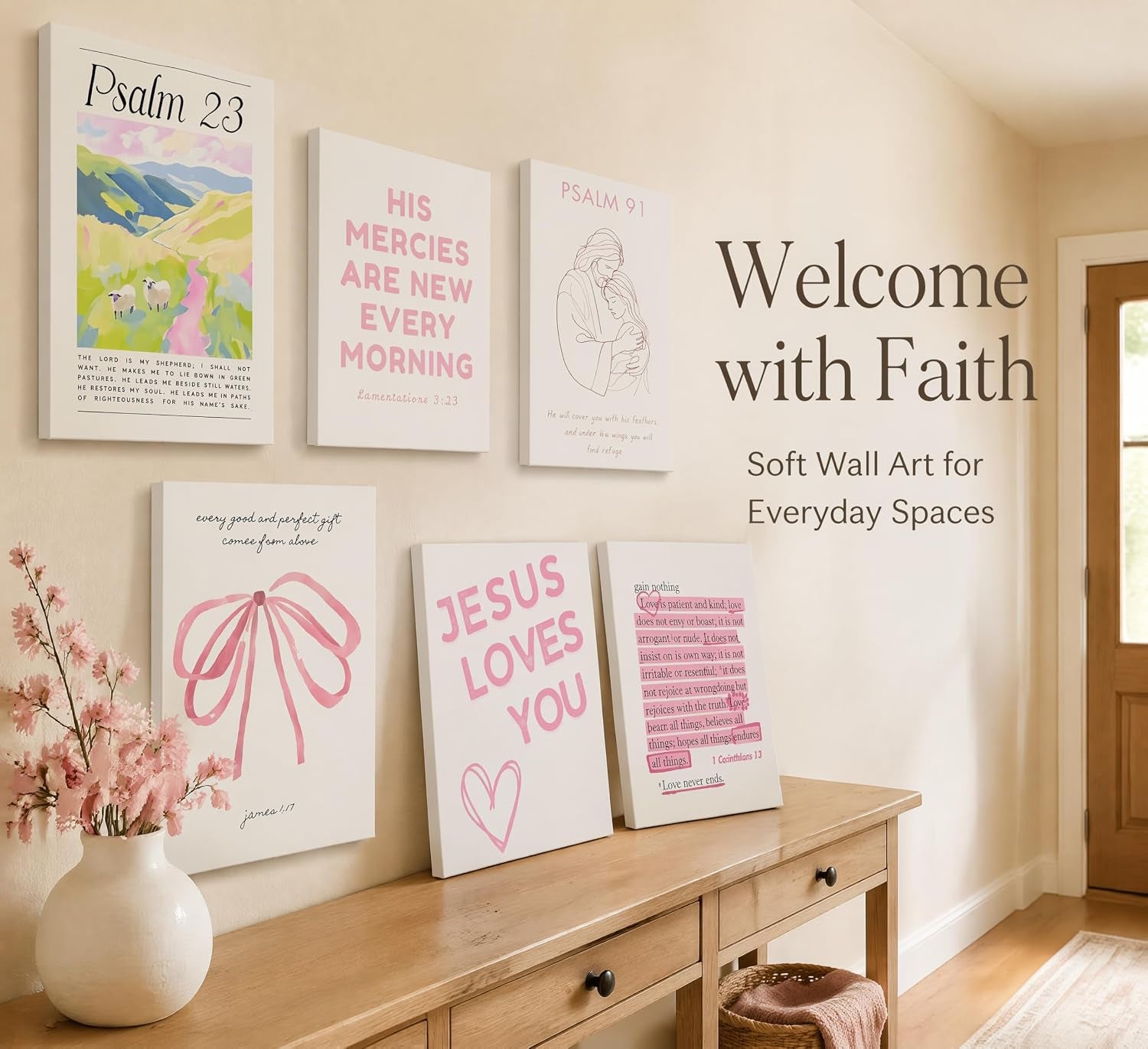 Pink Christian Wall Art Preppy Bible Verses Painting Pictures Psalms Scripture Wall Decor Trendy Bow Christ Jesue Poster Print Artwork for Living Room Bedroom Girls Room Prayer Room Home Decoration