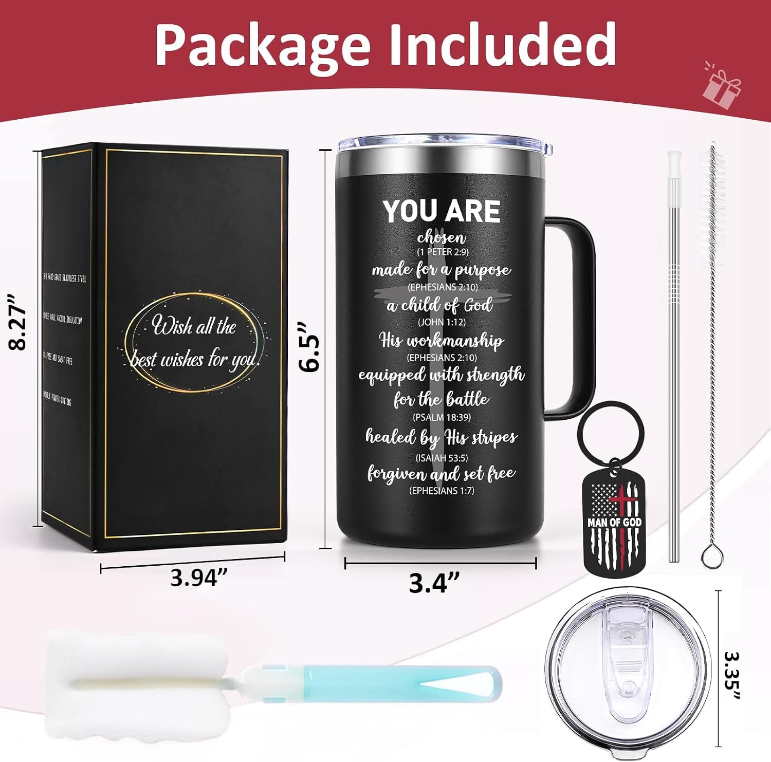 Religious Christian Father Day Gifts, Man of God 20Oz Insulated Coffee Mug with Key Chain, Man of God Religious Christian Gifts for Men, Black