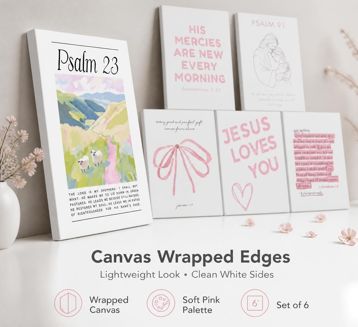 Pink Christian Wall Art Preppy Bible Verses Painting Pictures Psalms Scripture Wall Decor Trendy Bow Christ Jesue Poster Print Artwork for Living Room Bedroom Girls Room Prayer Room Home Decoration