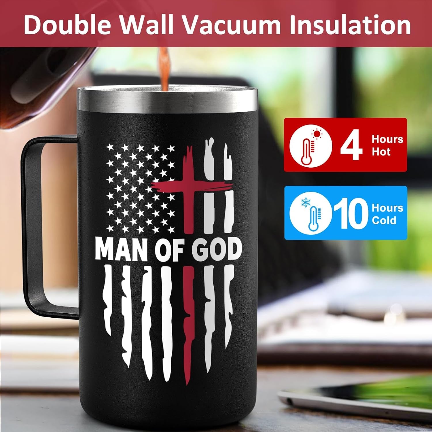 Religious Christian Father Day Gifts, Man of God 20Oz Insulated Coffee Mug with Key Chain, Man of God Religious Christian Gifts for Men, Black