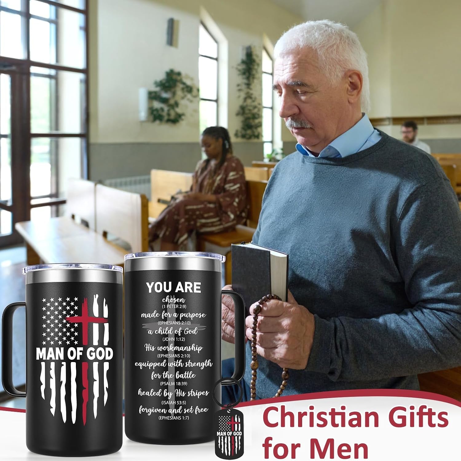Religious Christian Father Day Gifts, Man of God 20Oz Insulated Coffee Mug with Key Chain, Man of God Religious Christian Gifts for Men, Black
