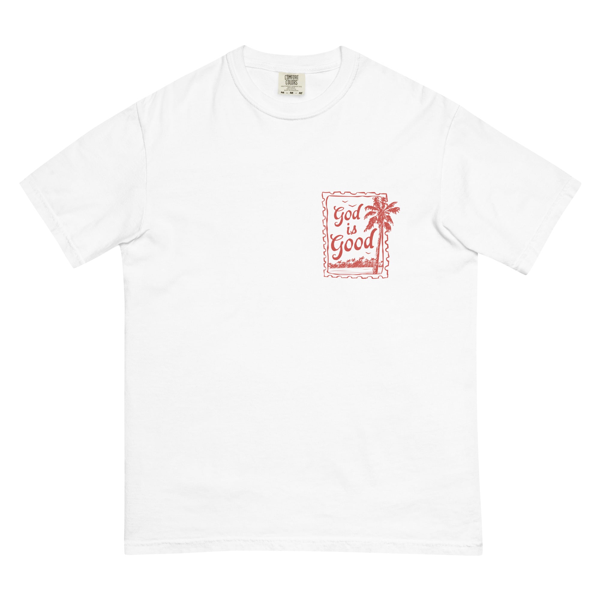 Flat lay front view of a white faith-based t-shirt with a red "God is Good" palm tree stamp design on the chest.