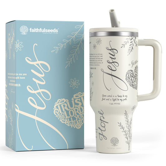 Cream-colored 40oz Christian tumbler with handle and straw next to its blue gift box, featuring engraved inspirational Bible verses, scripture, and words of faith like Hope, Jesus, and Trust.