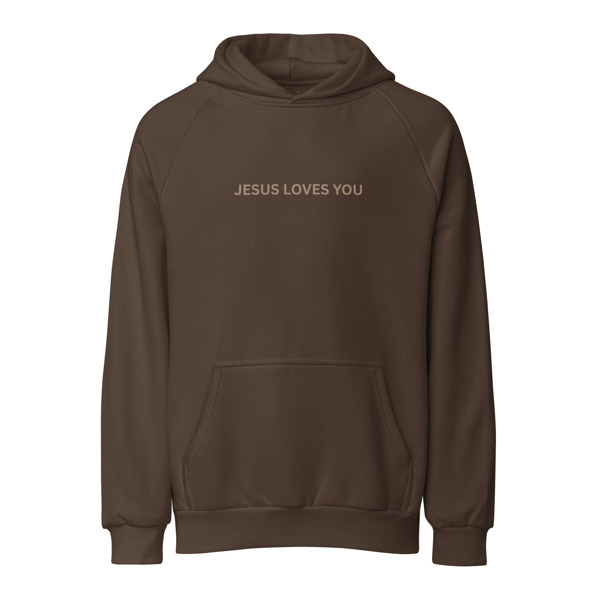 Isolated product view of a brown heavy-weight hoodie with the minimalist 'Jesus Loves You' text centered on the chest.