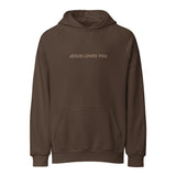 Isolated product view of a brown heavy-weight hoodie with the minimalist 'Jesus Loves You' text centered on the chest.