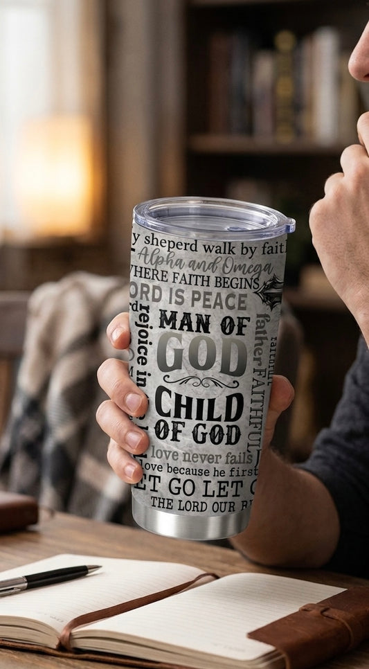 A person holding a stainless steel Christian-themed travel tumbler featuring the text 'Man of God' and 'Child of God' in a library setting