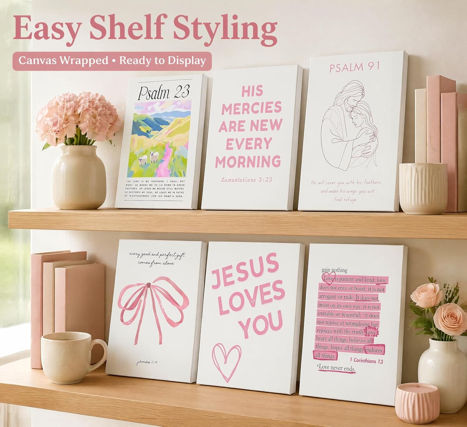 Pink Christian Wall Art Preppy Bible Verses Painting Pictures Psalms Scripture Wall Decor Trendy Bow Christ Jesue Poster Print Artwork for Living Room Bedroom Girls Room Prayer Room Home Decoration
