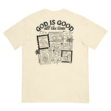 Flat lay back view of a cream unisex shirt with a detailed black "God is Good all the time" inspirational stamp design