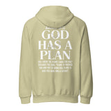 A light green unisex hoodie featuring the text "God Has A Plan" and the Bible verse Jeremiah 29:11 on the back