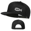 Black flat-brim snapback hat featuring a white Ichthys Jesus fish logo, shown from the front and back views. High-quality Christian streetwear and faith-based apparel for men
