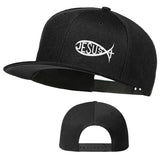Black flat-brim snapback hat featuring a white Ichthys Jesus fish logo, shown from the front and back views. High-quality Christian streetwear and faith-based apparel for men