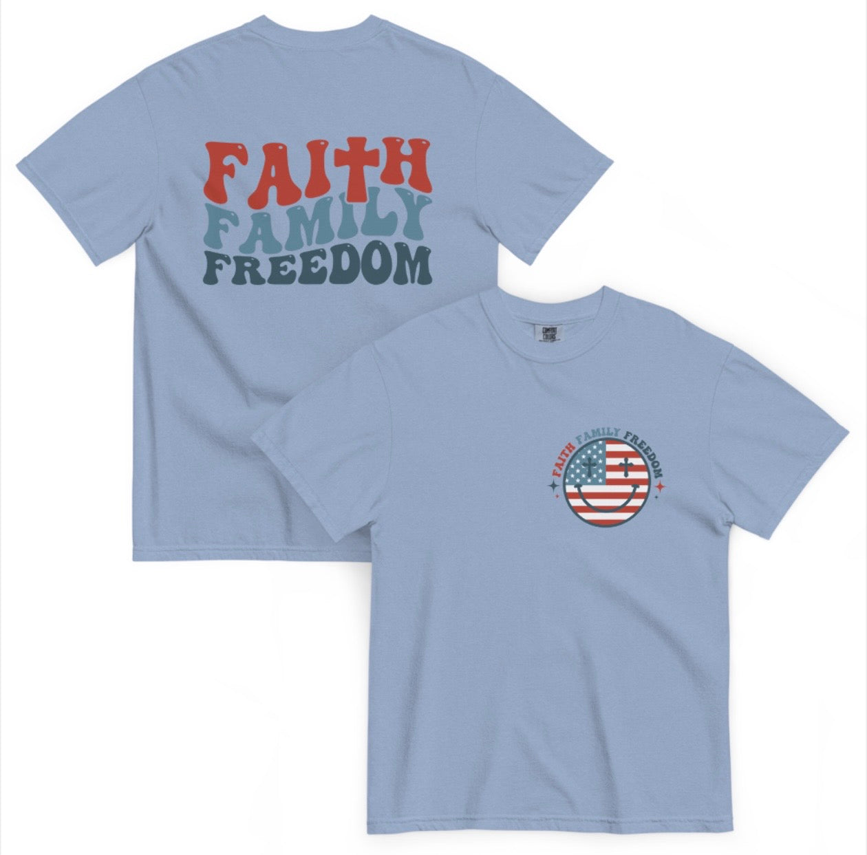 Blue unisex vintage-style t-shirt featuring Faith, Family, and Freedom graphic design for Christian apparel stores.