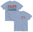 Blue unisex vintage-style t-shirt featuring Faith, Family, and Freedom graphic design for Christian apparel stores.