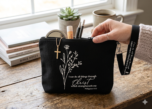 A sleek black canvas Christian makeup bag featuring a white rose drawing and the empowering scripture "I can do all things through Christ which strengtheneth me Philippians 4:13" with a black strap.