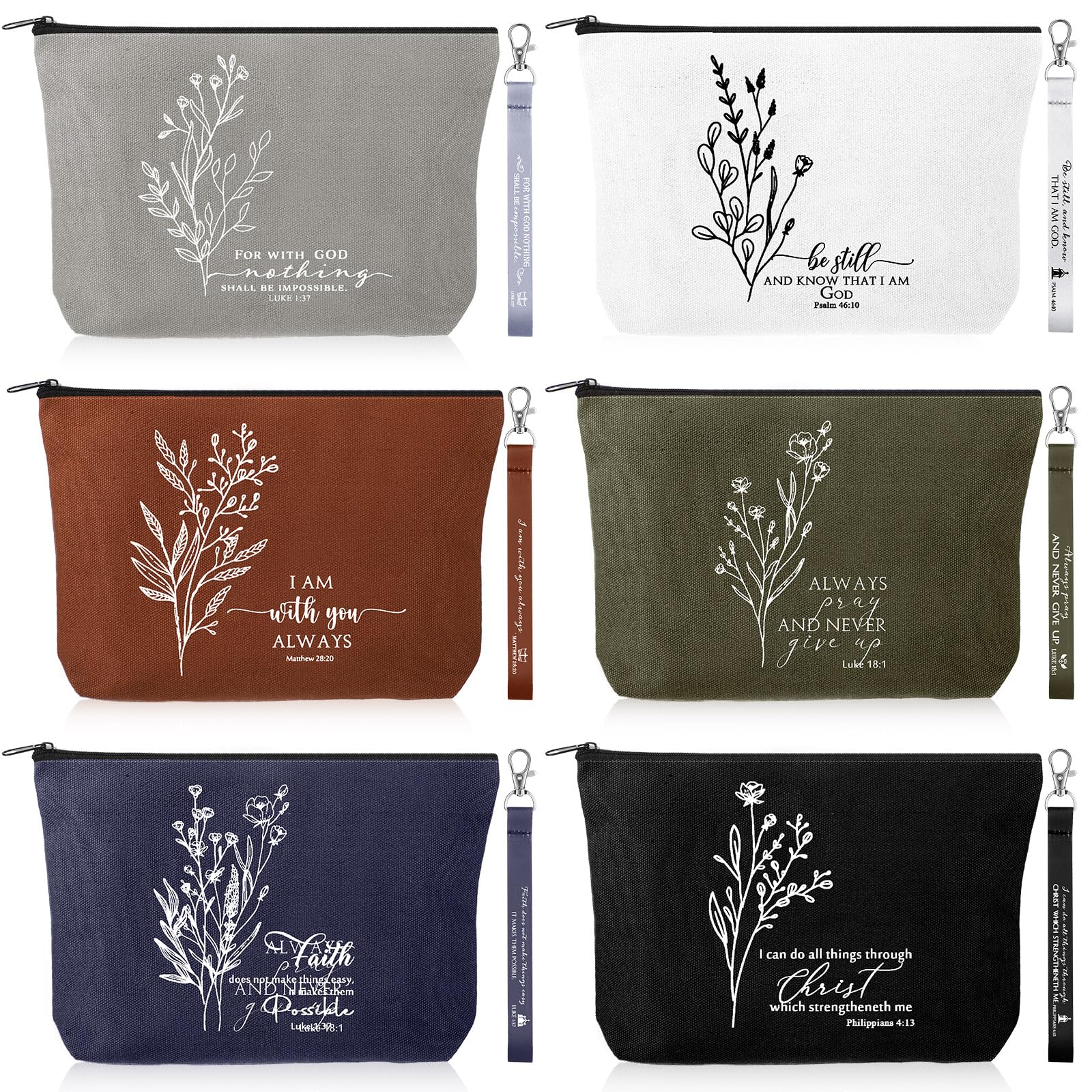 A collection of six Christian faith-based canvas makeup bags in grey, white, brown, olive green, navy blue, and black, each featuring white botanical line art, a unique scripture verse quote, and a matching wristlet strap.
