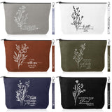 A collection of six Christian faith-based canvas makeup bags in grey, white, brown, olive green, navy blue, and black, each featuring white botanical line art, a unique scripture verse quote, and a matching wristlet strap.