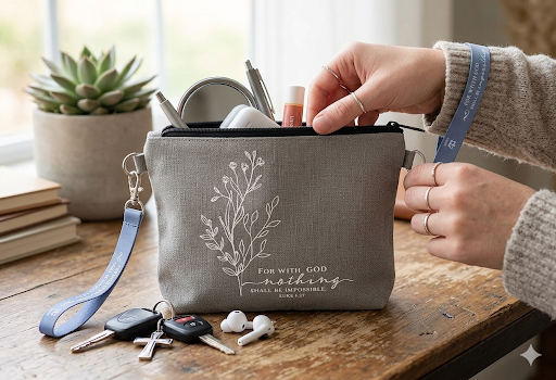 A grey canvas Christian makeup bag featuring a white floral line art drawing and the scripture quote "For with God nothing shall be impossible Luke 1:37" in elegant script, shown with a matching grey wrist strap.