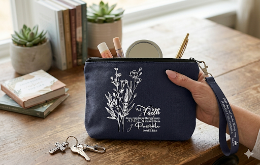 A deep navy blue canvas Christian cosmetic bag featuring white floral line art and the inspirational text "Faith does not make things easy, it makes them possible Luke 1:37 and Luke 18:1" with a navy wrist strap.