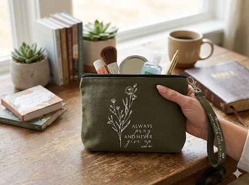 An olive green canvas Christian cosmetic pouch featuring white wildflowers and the motivational scripture "Always pray and never give up Luke 18:1" with a matching green wrist strap.