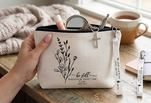 A natural white canvas Christian cosmetic bag featuring black botanical line art and the scripture "Be still and know that I am God Psalm 46:10" with a matching white wristlet strap.
