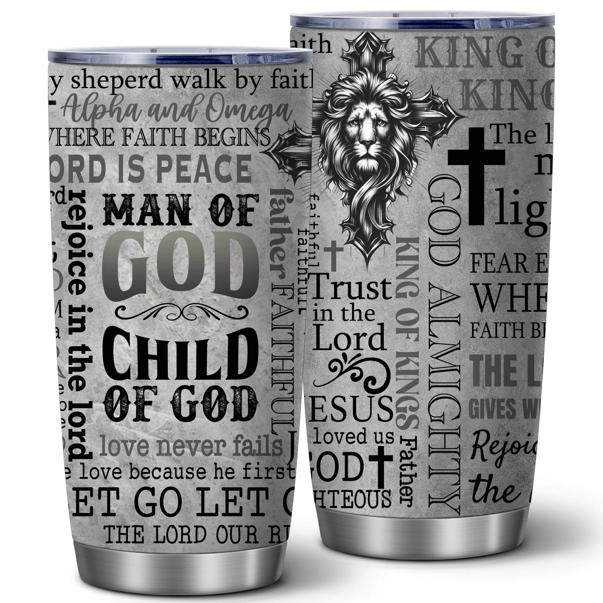 Two views of a faith-inspired stainless steel tumbler showing a wraparound design with a lion, a cross, and various religious phrases including 'Man of God,' 'Child of God,' and 'King of Kings