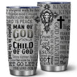 Two views of a faith-inspired stainless steel tumbler showing a wraparound design with a lion, a cross, and various religious phrases including 'Man of God,' 'Child of God,' and 'King of Kings
