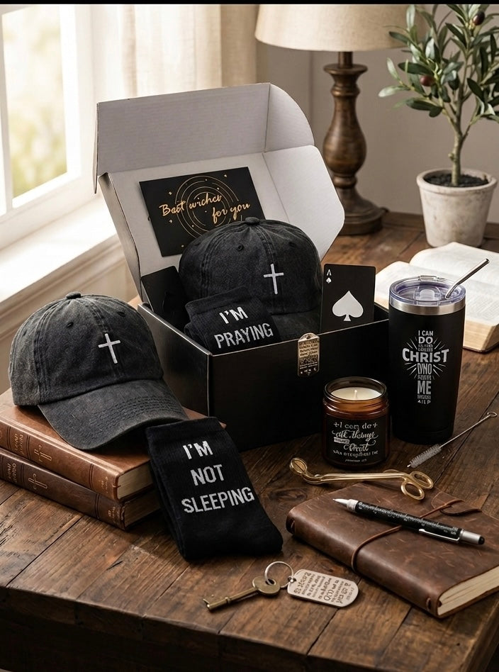 Faith-based gift basket ensemble including an insulated Christian travel mug, black cross hat, Bible verse keychain, and premium stationery on a wooden desk next to an open Bible.