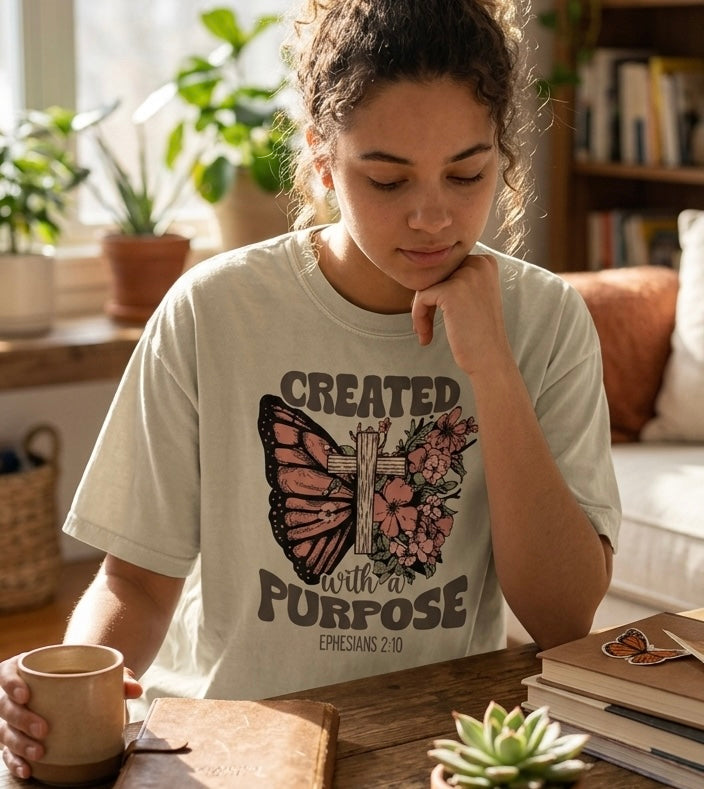 A lifestyle shot of a woman in a light-colored Christian t-shirt, reading a Bible with houseplants, featuring the Created With A Purpose butterfly design.