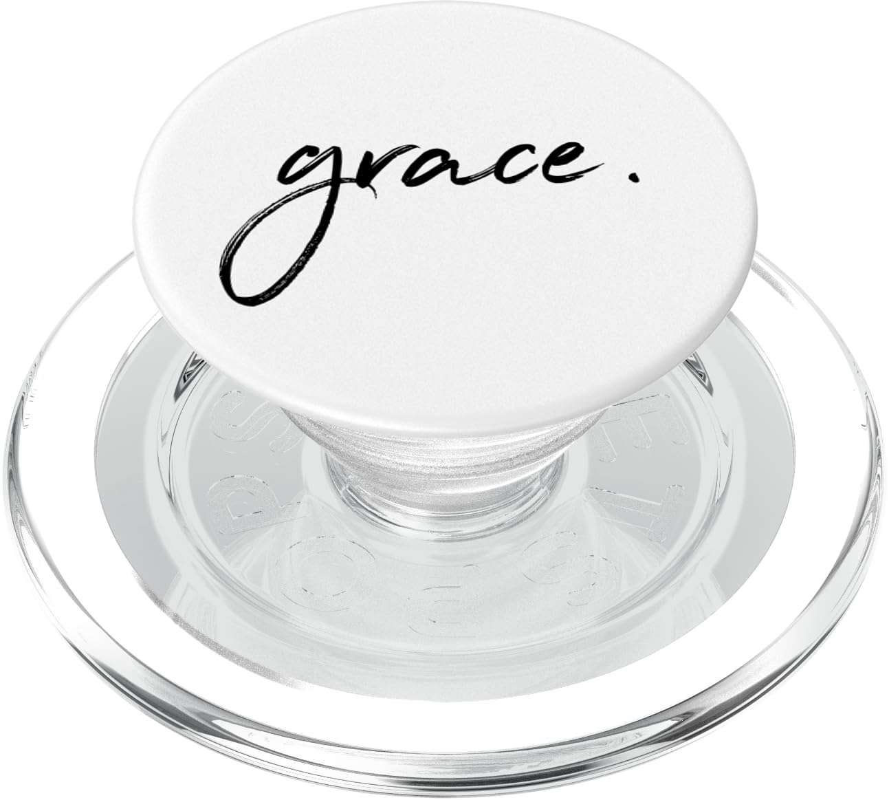 Christian "Grace" phone grip featuring elegant black cursive script on a clean white circular top with a collapsible transparent clear plastic base, designed as an inspiring faith-based tech accessory and religious gift.