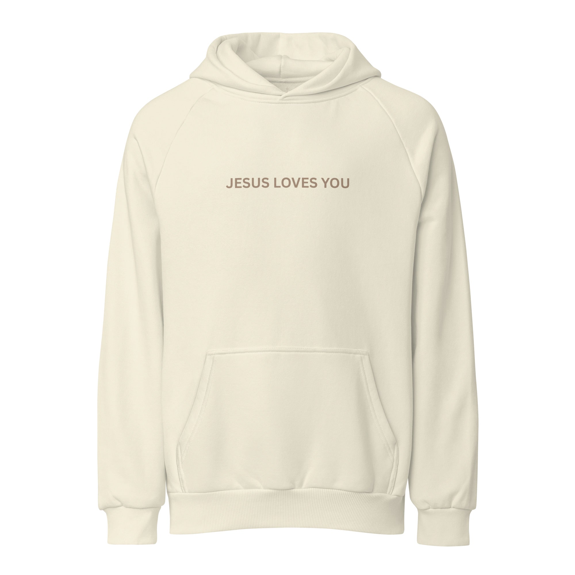 Beige hoodie with 'JESUS LOVES YOU' text on a white background- Christian faith apparel