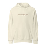 Beige hoodie with 'JESUS LOVES YOU' text on a white background- Christian faith apparel