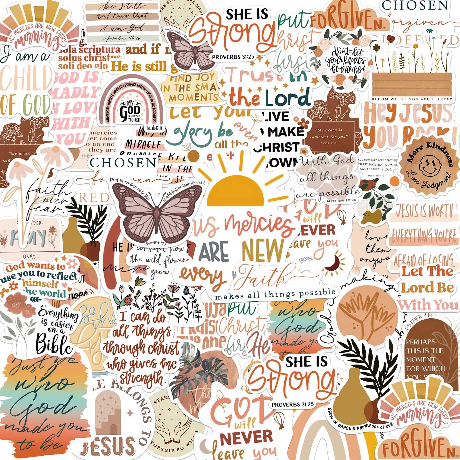 A collection of aesthetic boho Christian stickers in warm neutral earth tones featuring inspirational Bible verses, scripture quotes, butterflies, and rainbows for journaling, water bottles, and laptops."