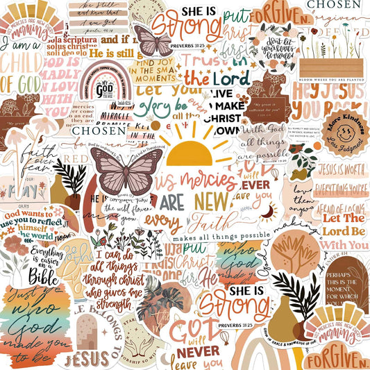 A collection of aesthetic boho Christian stickers in warm neutral earth tones featuring inspirational Bible verses, scripture quotes, butterflies, and rainbows for journaling, water bottles, and laptops."