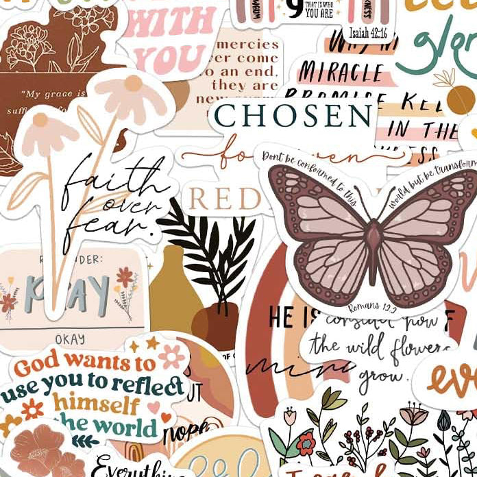 Alternative view of the daily grace Christian sticker bundle showing a variety of waterproof scripture and faith-based vinyl decals."