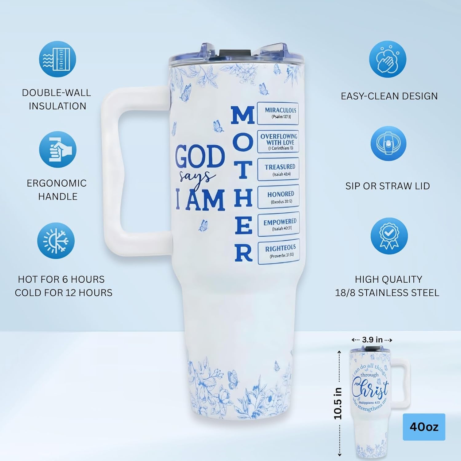 Christian Gifts for Mom, Mom Gift Tumbler with Handle 40Oz, Christian Religious Moms Gifts, Birthday Gift for Moms, Stepmom, Mommy to Be from Daughter, Son or Family, Present for Women Faith