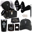 Faith-based religious gift basket bundle for men including a black embroidered cross dad hat, scripture travel mug with straw, soy candle, funny Christian socks, Ace of Spades card, and spiritual encouragement gifts